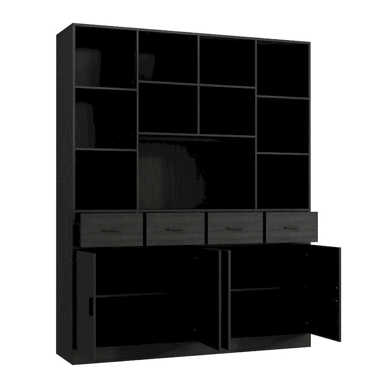 Large Black Bookcase with 4 Doors 4 Drawers Open Storage Shelves