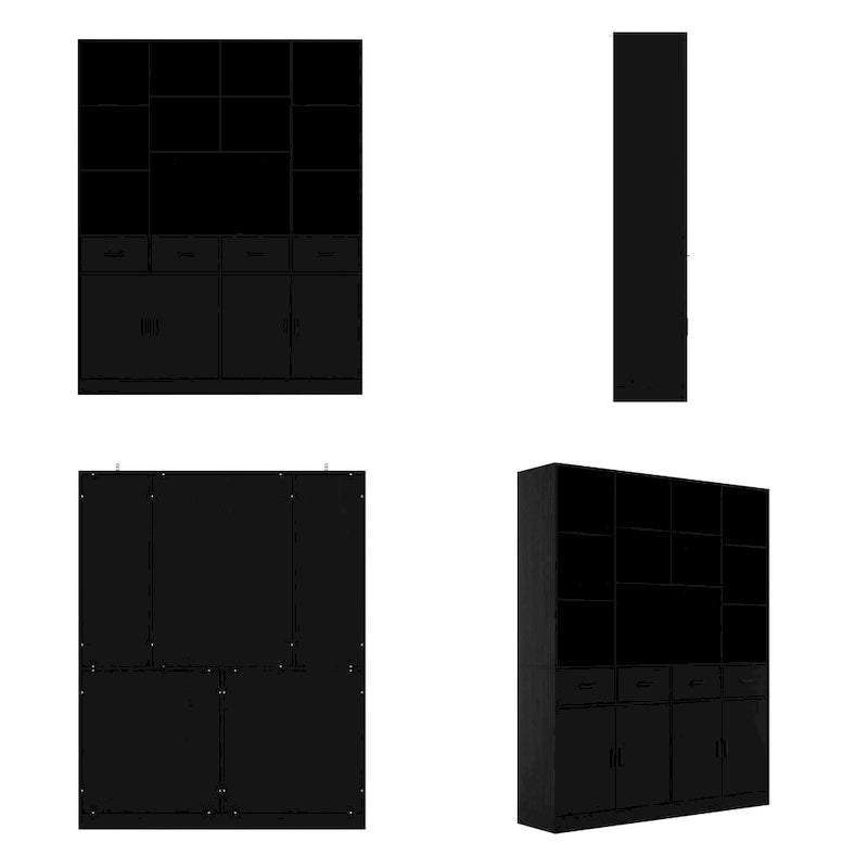 Large Black Bookcase with 4 Doors 4 Drawers Open Storage Shelves