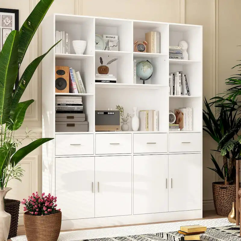 Large Black Bookcase with 4 Doors 4 Drawers Open Storage Shelves
