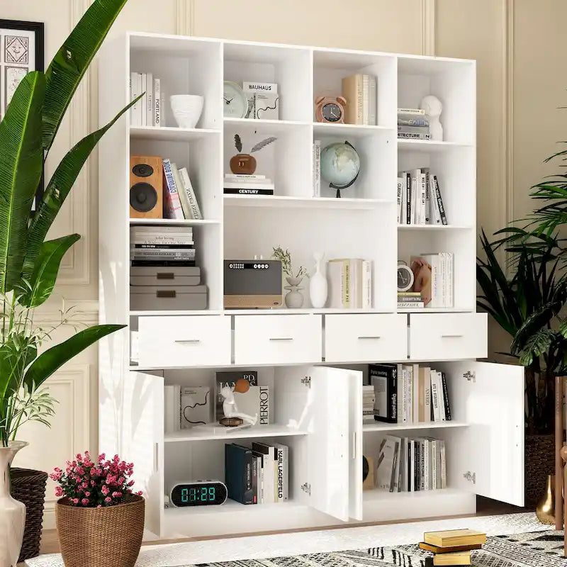 Large Black Bookcase with 4 Doors 4 Drawers Open Storage Shelves