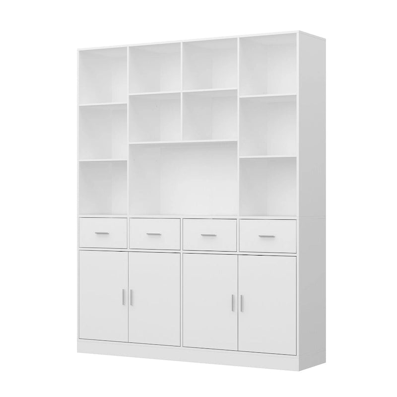 Large Black Bookcase with 4 Doors 4 Drawers Open Storage Shelves