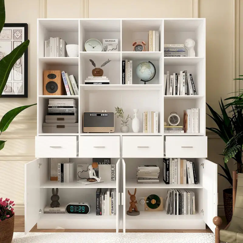 Large Black Bookcase with 4 Doors 4 Drawers Open Storage Shelves