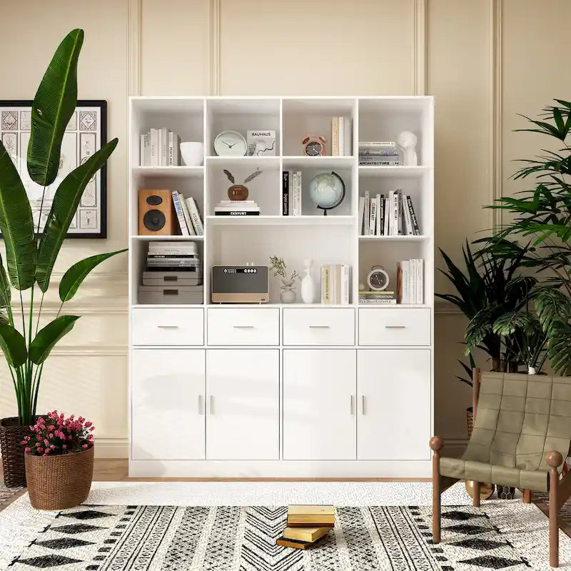 Large Black Bookcase with 4 Doors 4 Drawers Open Storage Shelves