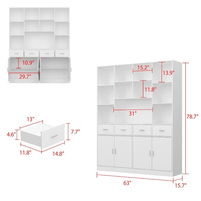 Large Black Bookcase with 4 Doors 4 Drawers Open Storage Shelves