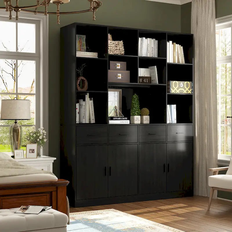 Large Black Bookcase with 4 Doors 4 Drawers Open Storage Shelves