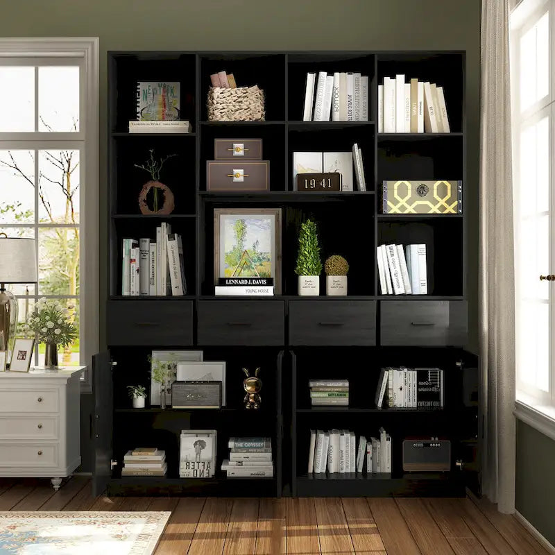 Large Black Bookcase with 4 Doors 4 Drawers Open Storage Shelves