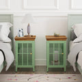 Modern Blue Green Iron Nightstand with Solid Wood Top and Glass Cabinet Door