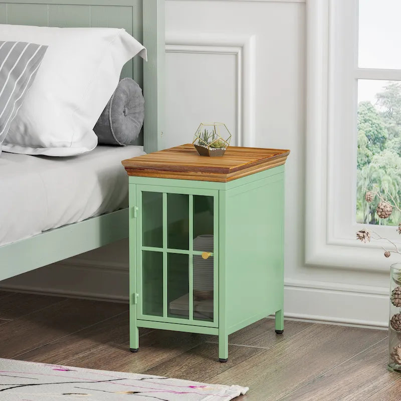 Modern Blue Green Iron Nightstand with Solid Wood Top and Glass Cabinet Door
