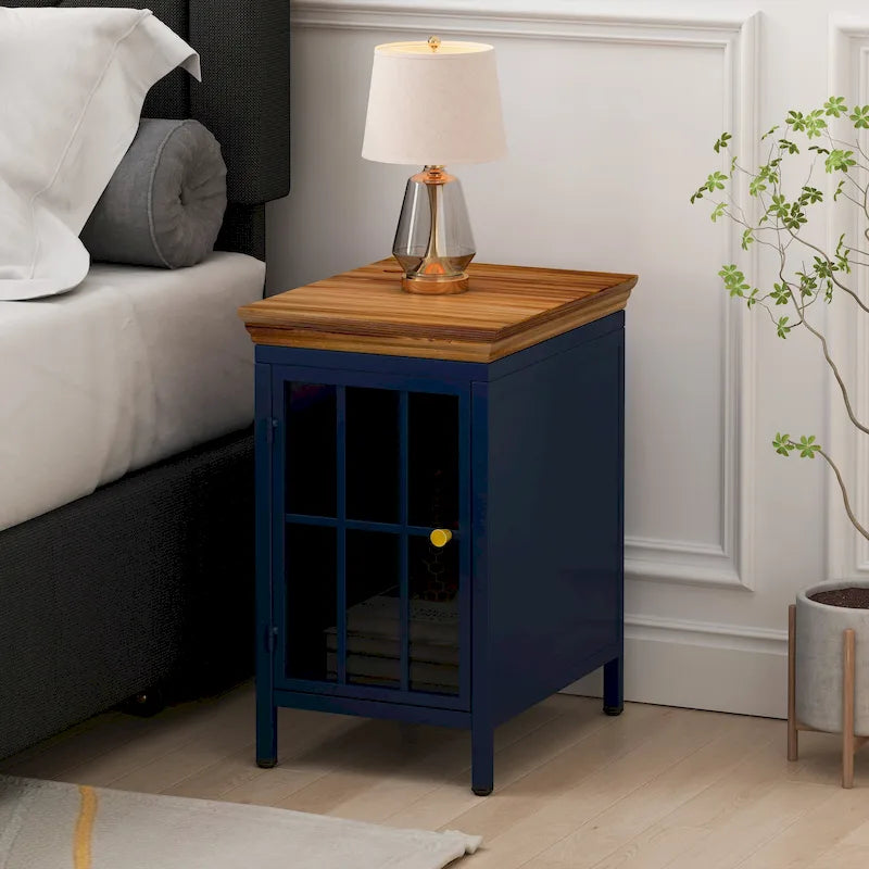 Modern Blue Green Iron Nightstand with Solid Wood Top and Glass Cabinet Door
