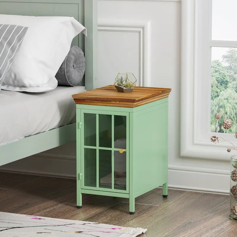 Modern Blue Green Iron Nightstand with Solid Wood Top and Glass Cabinet Door