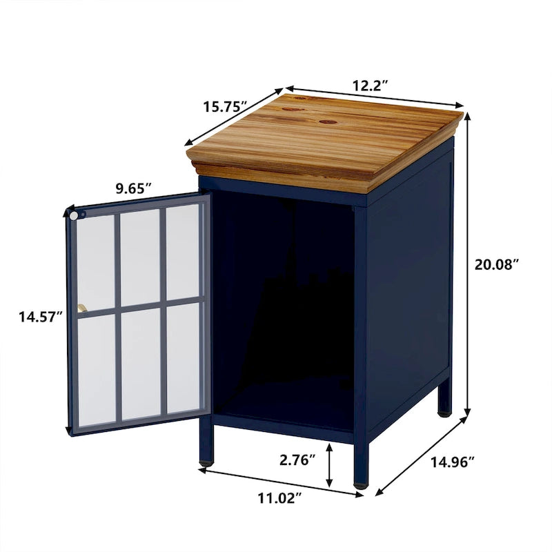 Modern Blue Green Iron Nightstand with Solid Wood Top and Glass Cabinet Door