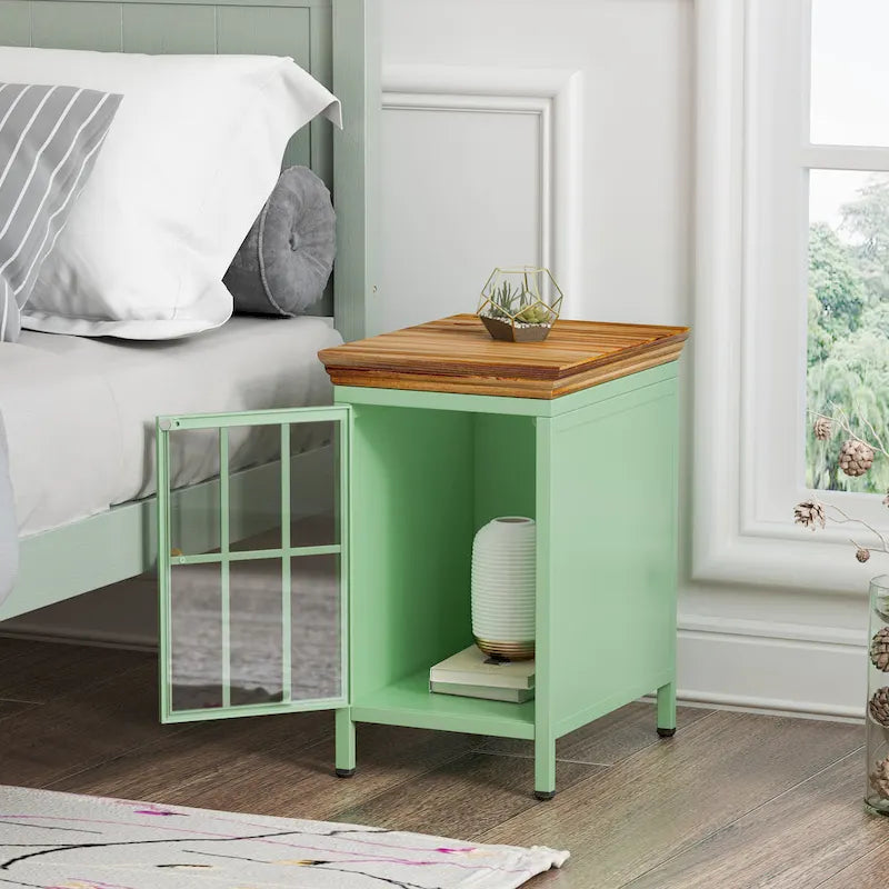 Modern Blue Green Iron Nightstand with Solid Wood Top and Glass Cabinet Door