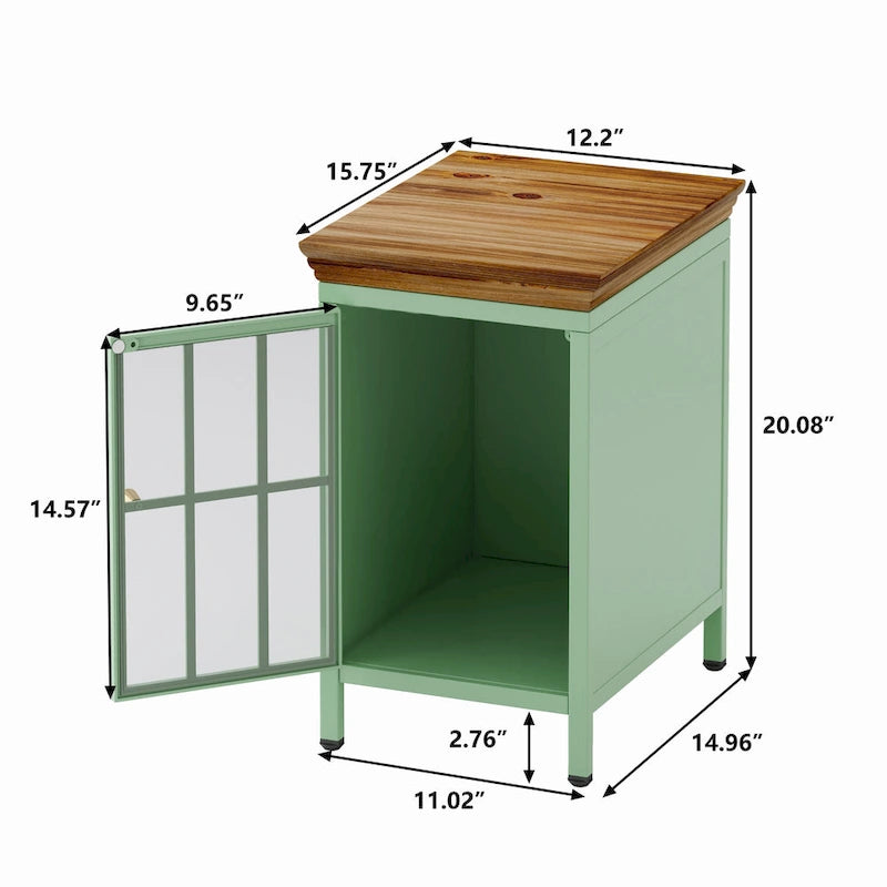 Modern Blue Green Iron Nightstand with Solid Wood Top and Glass Cabinet Door