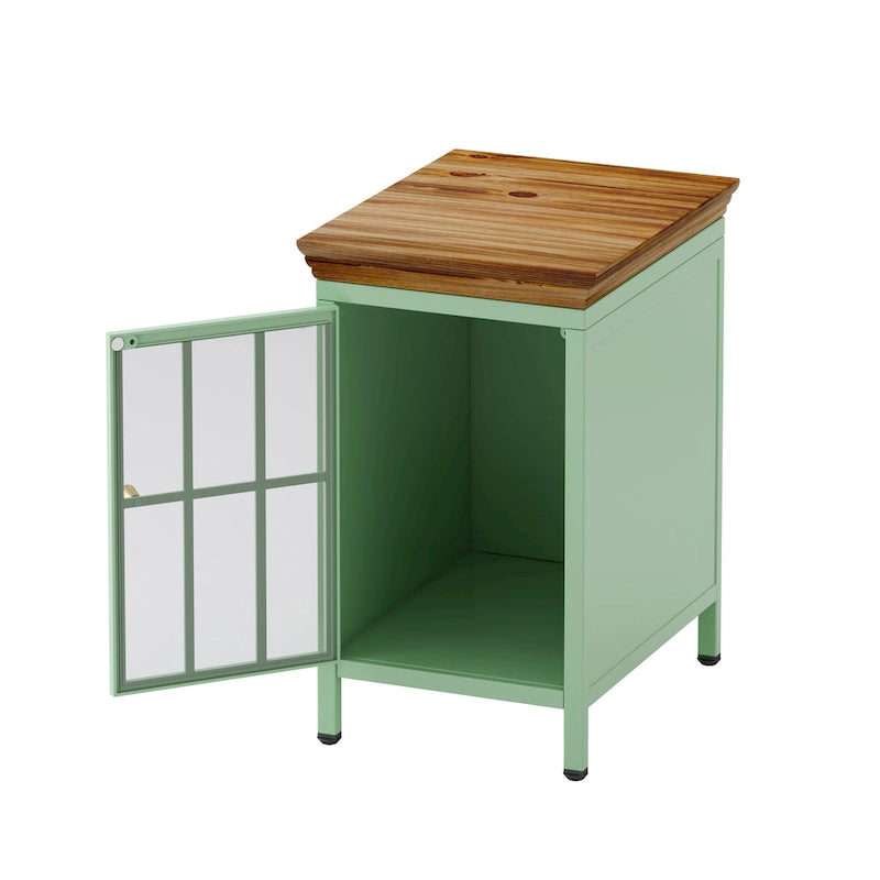 Modern Blue Green Iron Nightstand with Solid Wood Top and Glass Cabinet Door
