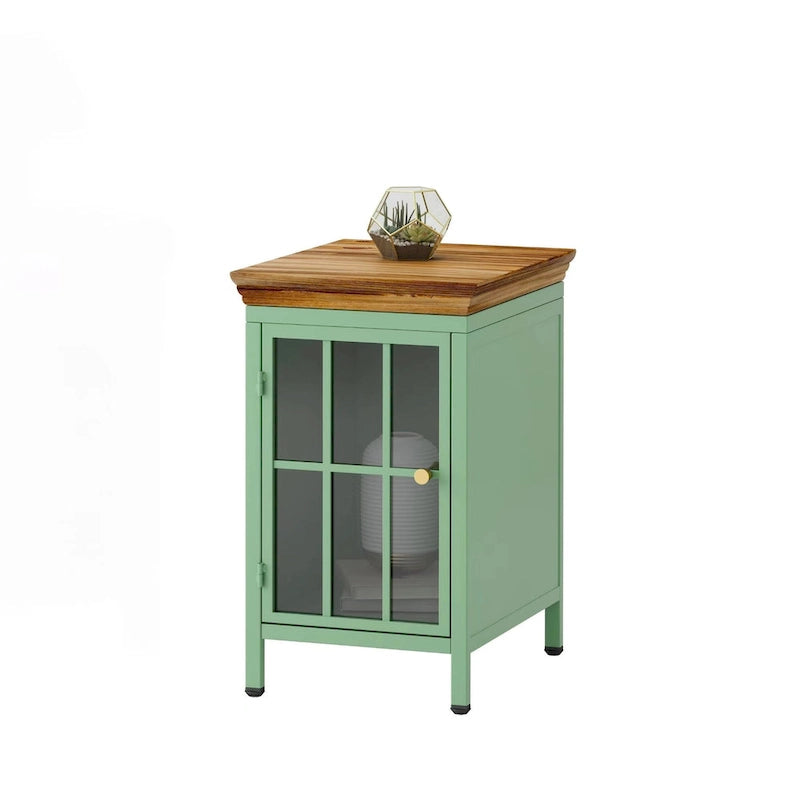 Modern Blue Green Iron Nightstand with Solid Wood Top and Glass Cabinet Door