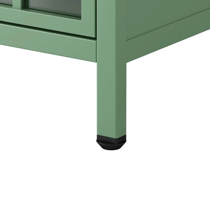 Modern Blue Green Iron Nightstand with Solid Wood Top and Glass Cabinet Door