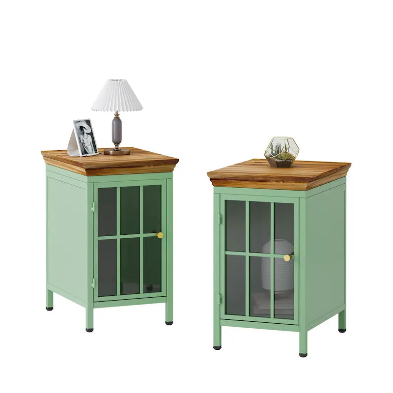 Modern Blue Green Iron Nightstand with Solid Wood Top and Glass Cabinet Door
