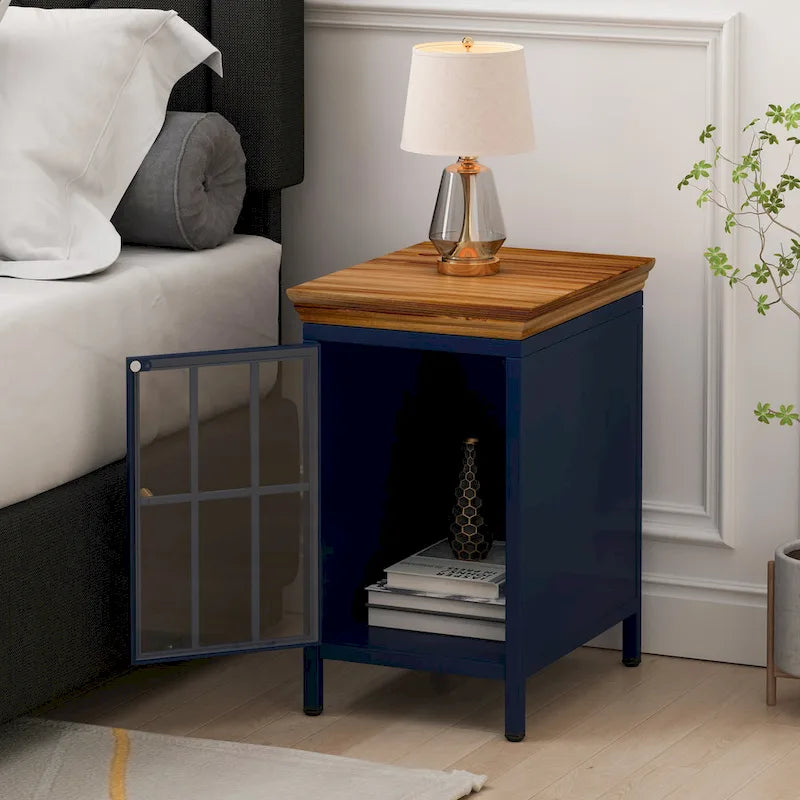Modern Blue Green Iron Nightstand with Solid Wood Top and Glass Cabinet Door