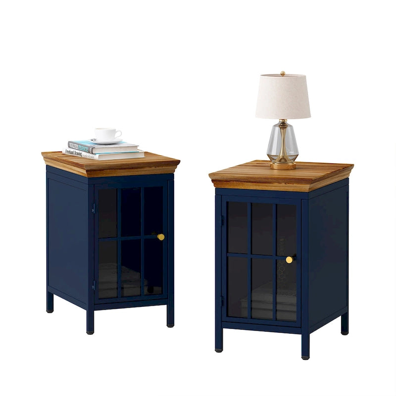 Modern Blue Green Iron Nightstand with Solid Wood Top and Glass Cabinet Door