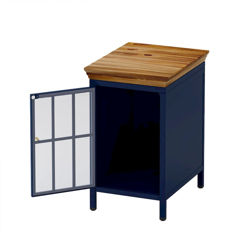 Modern Blue Green Iron Nightstand with Solid Wood Top and Glass Cabinet Door