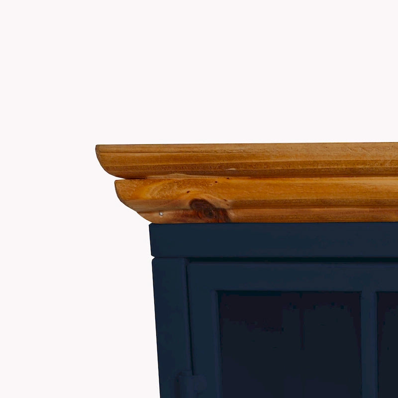 Modern Blue Green Iron Nightstand with Solid Wood Top and Glass Cabinet Door