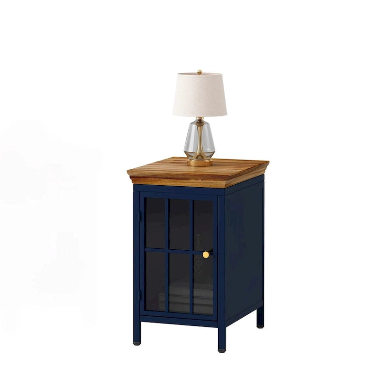 Modern Blue Green Iron Nightstand with Solid Wood Top and Glass Cabinet Door