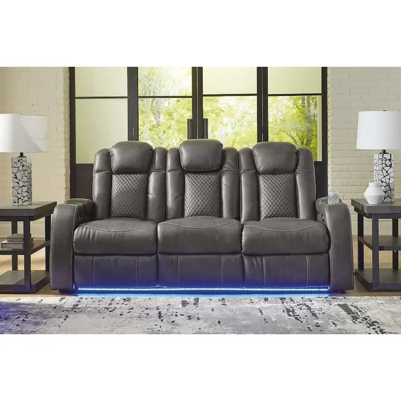 Power Reclining Sofa with LED Lighting Diamond Stitching Faux Leather Shadow Sapphire