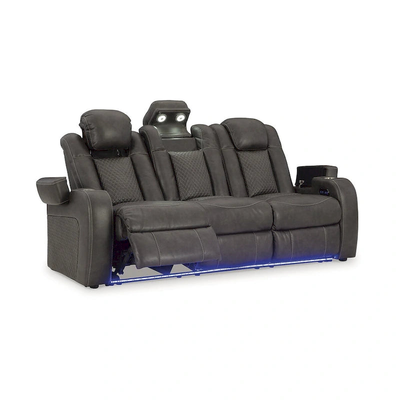 Power Reclining Sofa with LED Lighting Diamond Stitching Faux Leather Shadow Sapphire