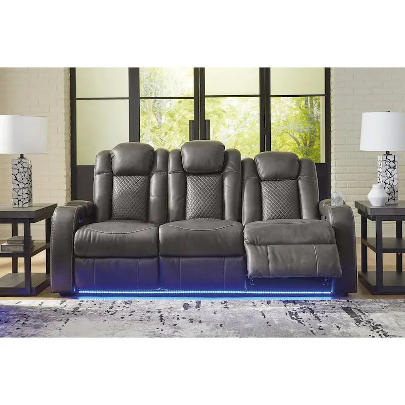 Power Reclining Sofa with LED Lighting Diamond Stitching Faux Leather Shadow Sapphire