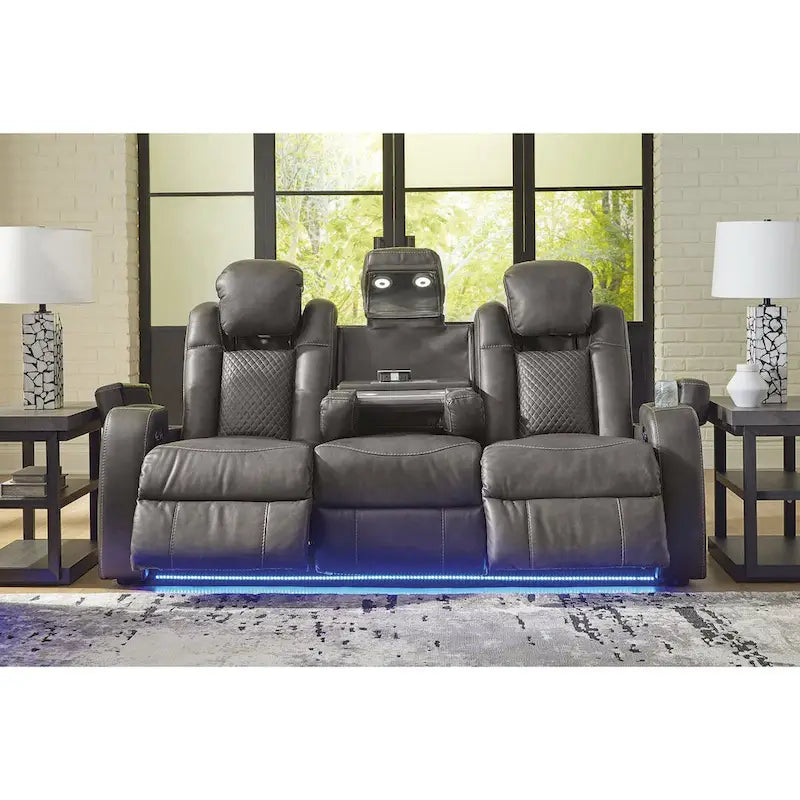 Power Reclining Sofa with LED Lighting Diamond Stitching Faux Leather Shadow Sapphire