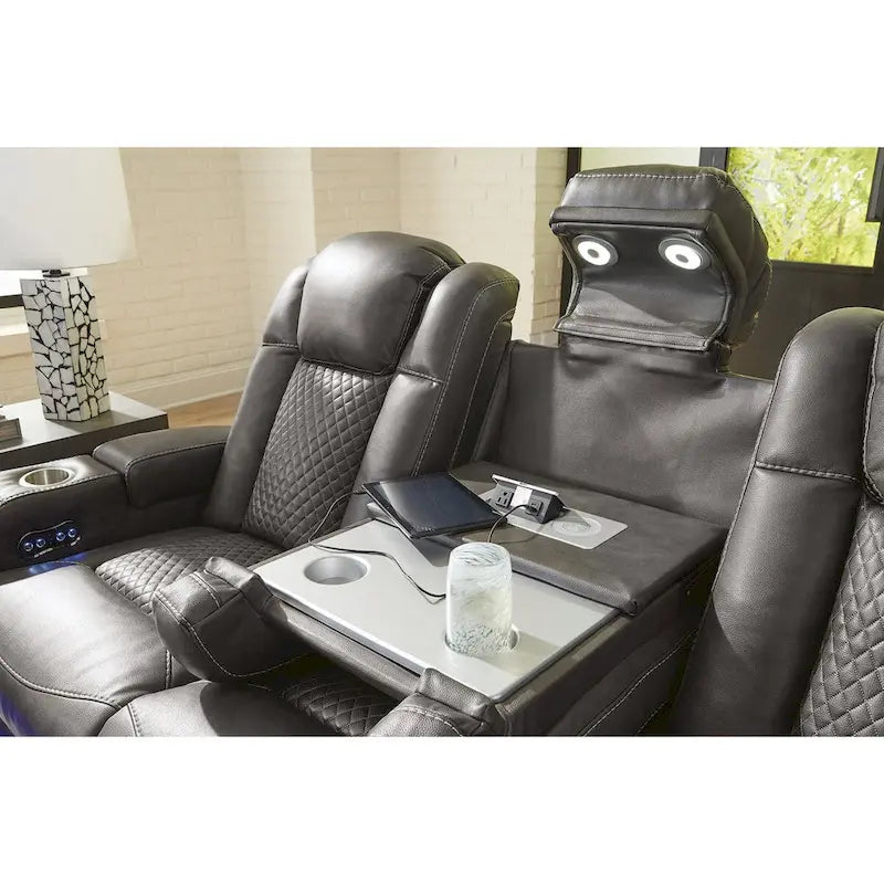 Power Reclining Sofa with LED Lighting Diamond Stitching Faux Leather Shadow Sapphire