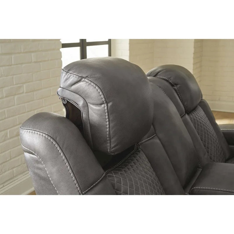 Power Reclining Sofa with LED Lighting Diamond Stitching Faux Leather Shadow Sapphire