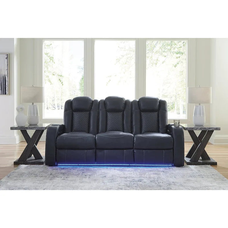Power Reclining Sofa with LED Lighting Diamond Stitching Faux Leather Shadow Sapphire