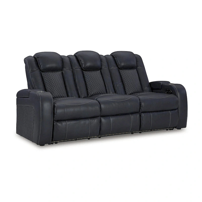 Power Reclining Sofa with LED Lighting Diamond Stitching Faux Leather Shadow Sapphire