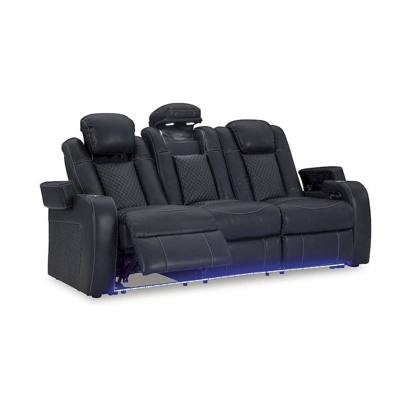 Power Reclining Sofa with LED Lighting Diamond Stitching Faux Leather Shadow Sapphire