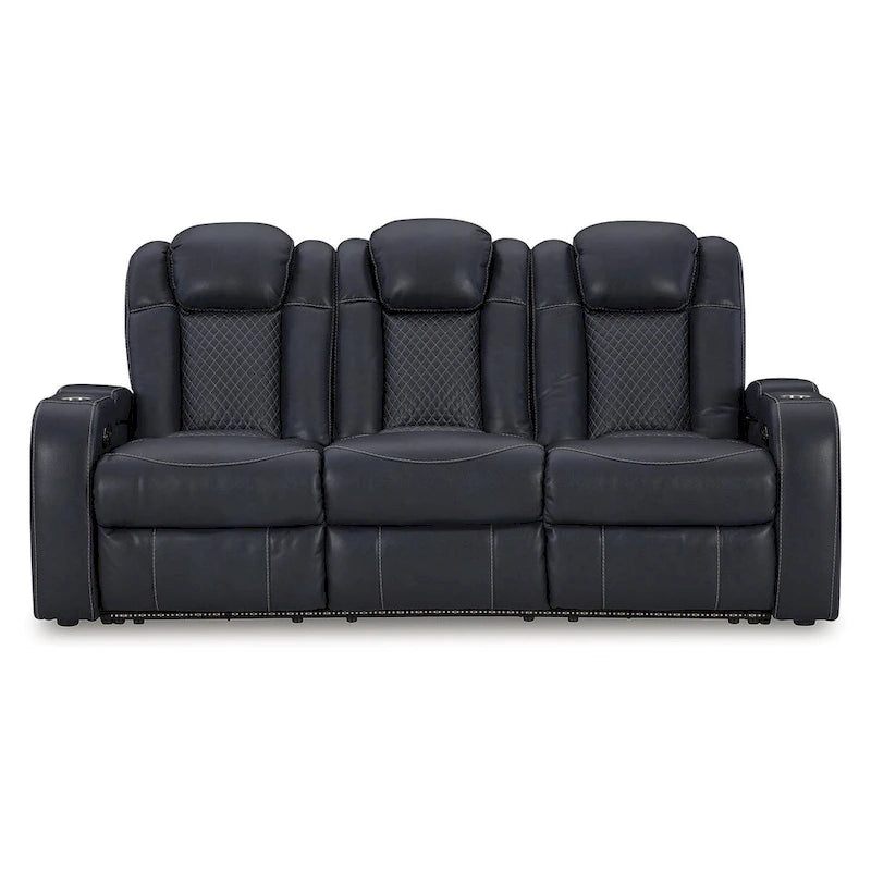Power Reclining Sofa with LED Lighting Diamond Stitching Faux Leather Shadow Sapphire