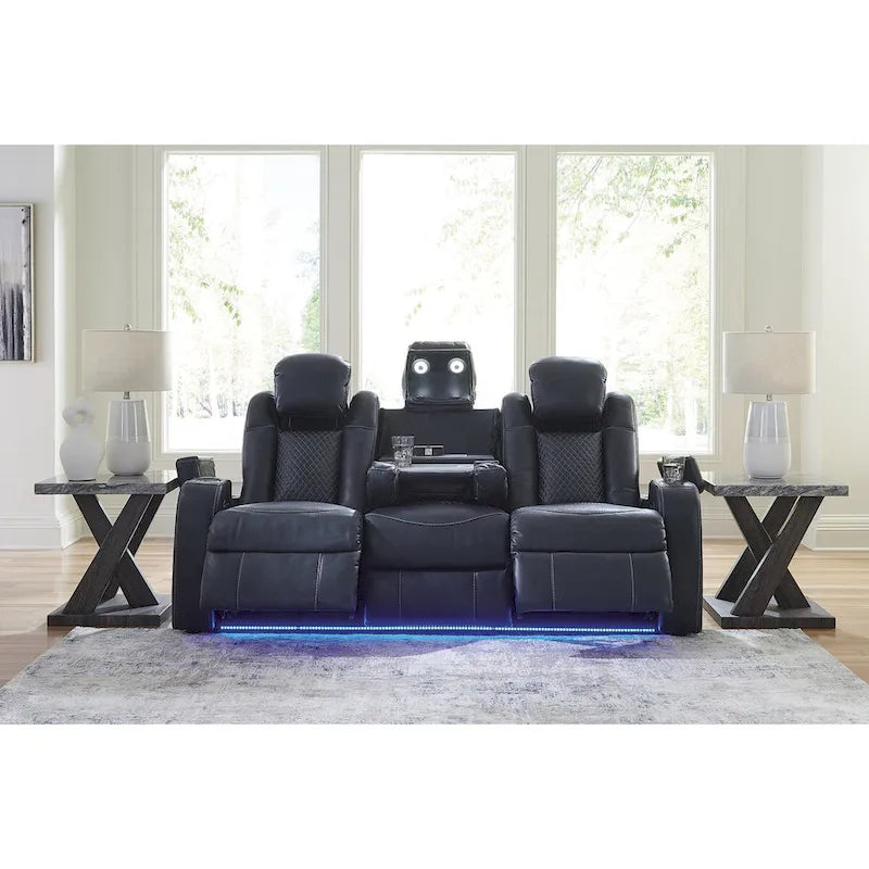 Power Reclining Sofa with LED Lighting Diamond Stitching Faux Leather Shadow Sapphire