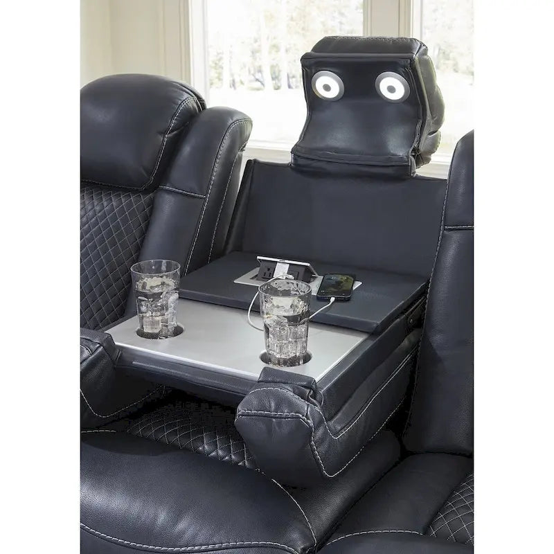 Power Reclining Sofa with LED Lighting Diamond Stitching Faux Leather Shadow Sapphire