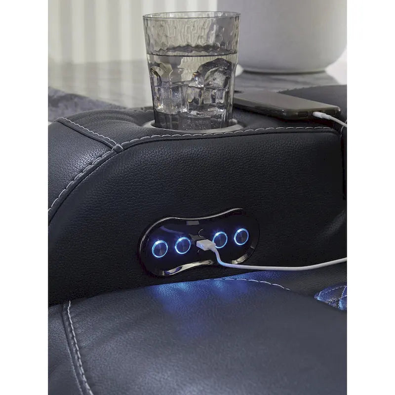 Power Reclining Sofa with LED Lighting Diamond Stitching Faux Leather Shadow Sapphire