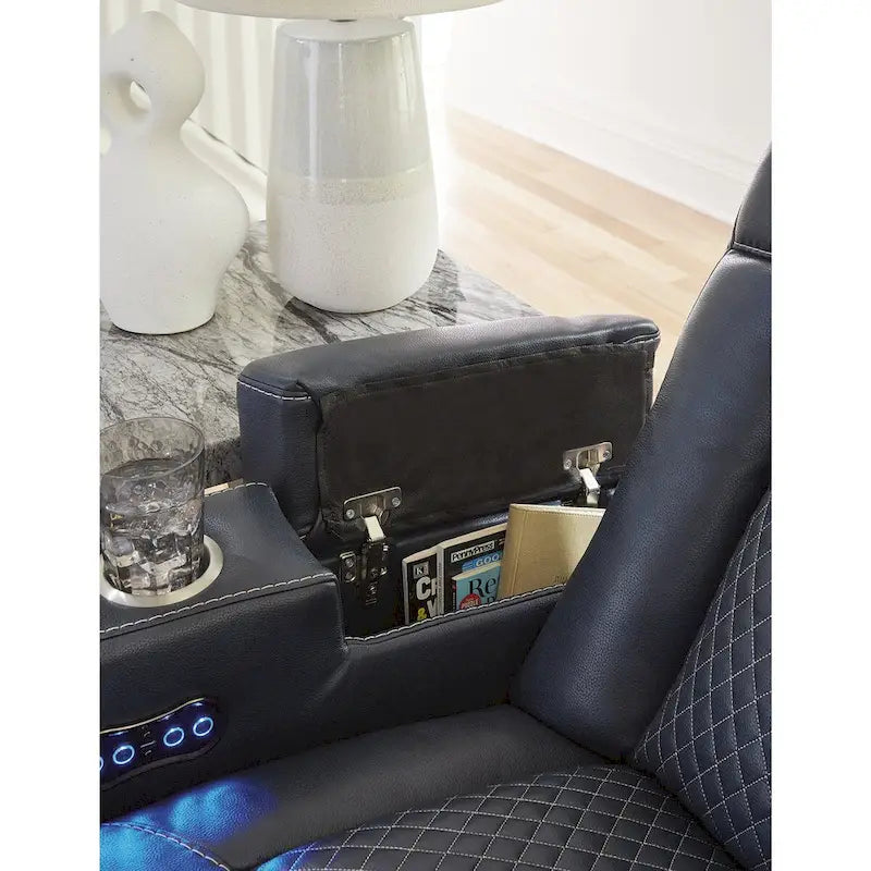 Power Reclining Sofa with LED Lighting Diamond Stitching Faux Leather Shadow Sapphire