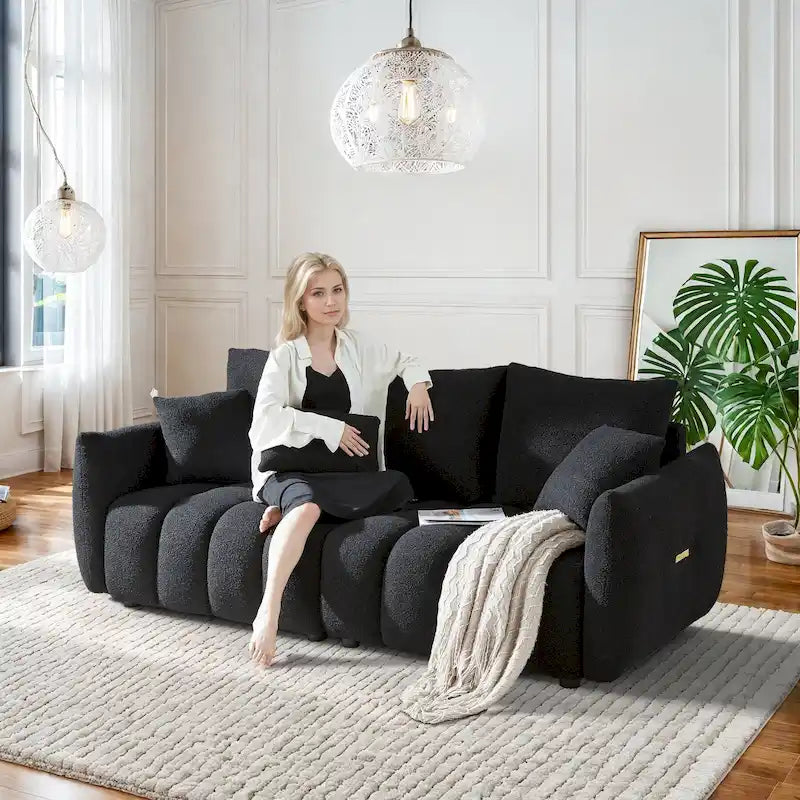 Overstuffed Deep Seat Upholstered Fabric Sofa Black Green Beige