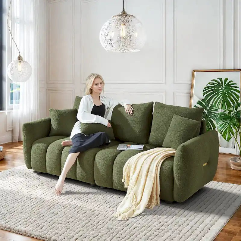 Overstuffed Deep Seat Upholstered Fabric Sofa Black Green Beige