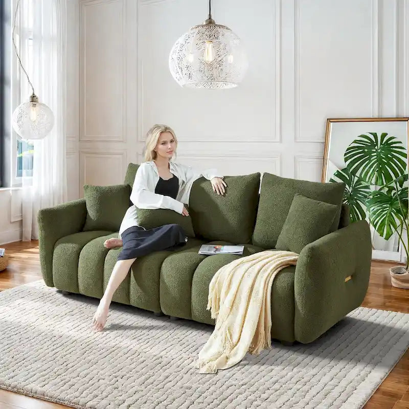 Overstuffed Deep Seat Upholstered Fabric Sofa Black Green Beige