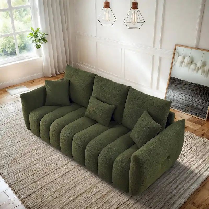Overstuffed Deep Seat Upholstered Fabric Sofa Black Green Beige