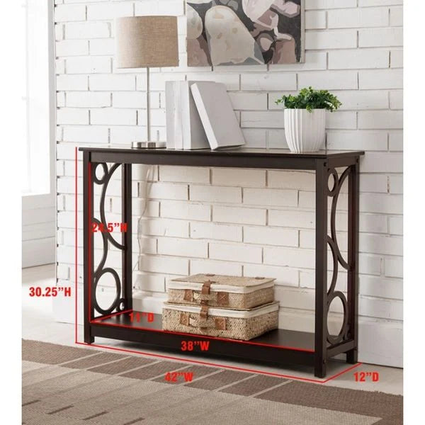 Dark Cherry Finish Wood Sofa Console Table with Lower Shelf, Decorative Side Panel, Classic Style