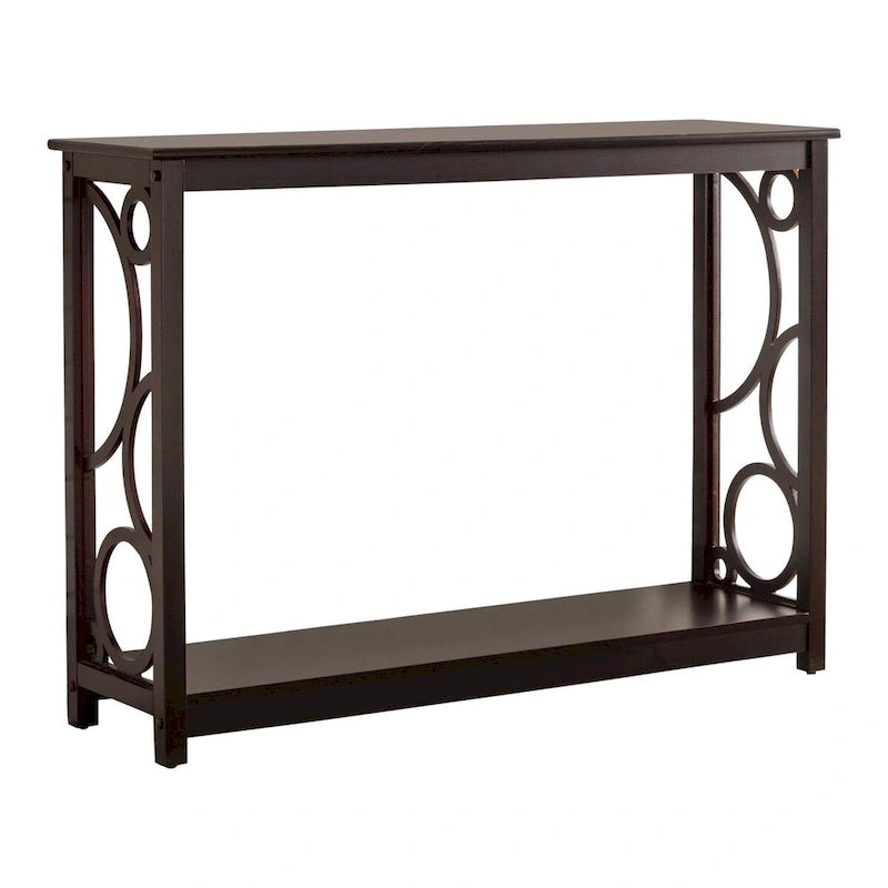 Dark Cherry Finish Wood Sofa Console Table with Lower Shelf, Decorative Side Panel, Classic Style
