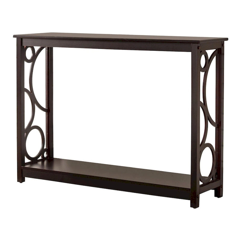 Dark Cherry Finish Wood Sofa Console Table with Lower Shelf, Decorative Side Panel, Classic Style