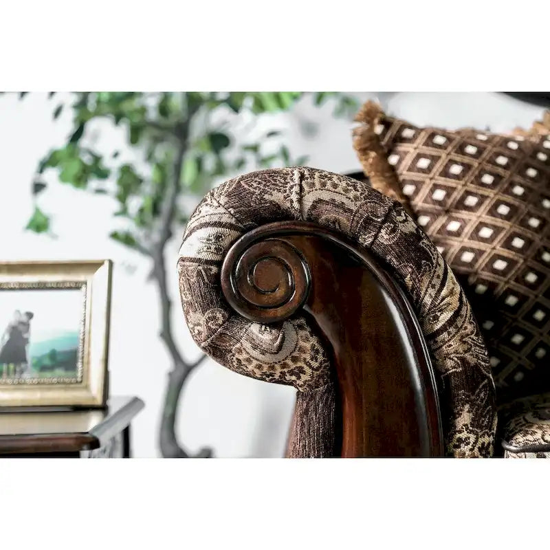 Traditional Brown Ornate Wood Trim Sofa with Paisley Fabric and Pillows
