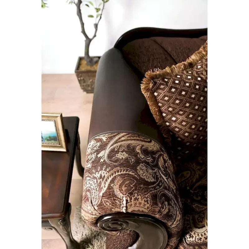 Traditional Brown Ornate Wood Trim Sofa with Paisley Fabric and Pillows