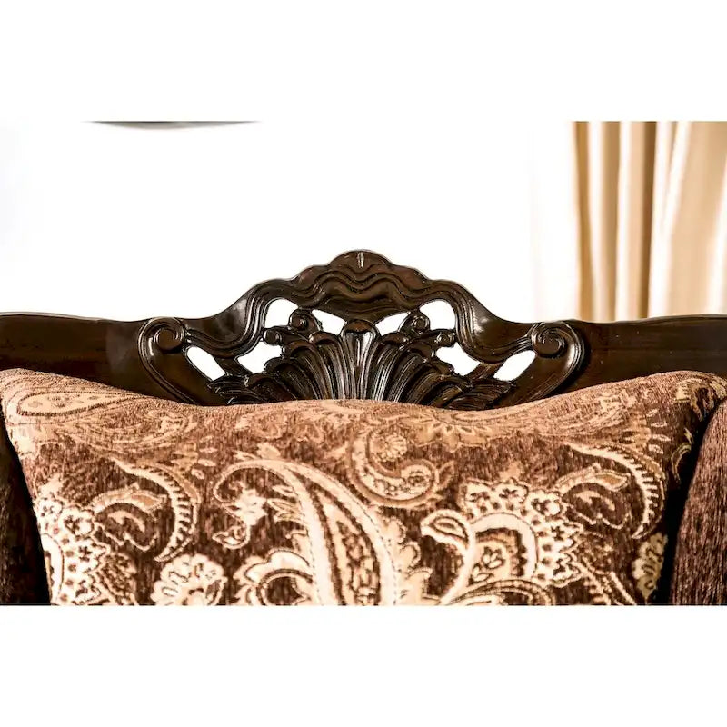 Traditional Brown Ornate Wood Trim Sofa with Paisley Fabric and Pillows